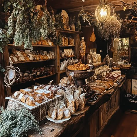 Tea And Bakery Shop, Magical Bakery Aesthetic, Bakery Interior Vintage, Small General Store Ideas, Cottagecore Bakery Aesthetic, Witch Bakery Aesthetic, Witchy Bakery Aesthetic, Dark Academia Bakery, Artisan Bakery Interior