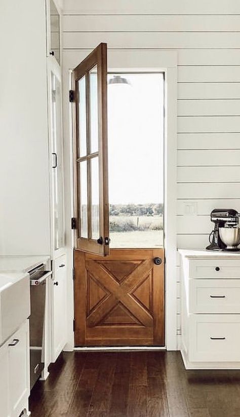 It’s like chocolate and peanut butter, pie and ice cream….. shiplap and a Dutch door. Perfection!! 📸 @jacobsfarmstead Half And Half Door, Dutch Door Farmhouse, Wooden Dutch Door, Indoor Dutch Door, Barn Dutch Door, Dutch Door In Kitchen, Cottage Dutch Door, Dutch Back Door, French Dutch Doors