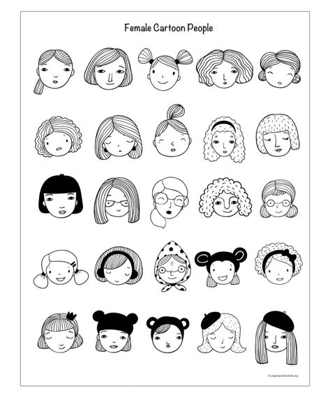 Easy Face Doodles, Simple Faces Drawings, Cartoon Woman Face, Cute Face Doodle, Faces To Draw Easy, Sketch Face Easy, Doodle People Cute, Drawing Characters Character Sketches, Easy Cartoon Faces