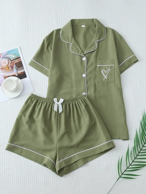 2pcs Women's Solid Color Summer Homewear Set With Contrast Trim, Embroidered Heart Short Sleeve Button-Up Shirt And Bowknot ShortsI discovered amazing products on SHEIN.com, come check them out! Cute Green Pajamas, Cottagecore Pjs, Nice Pyjamas, Green Pjs, Sleepy Clothes, Cute Pajama Outfits, Green Pajamas, Cute Nightwear, Cute Outfits With Shorts