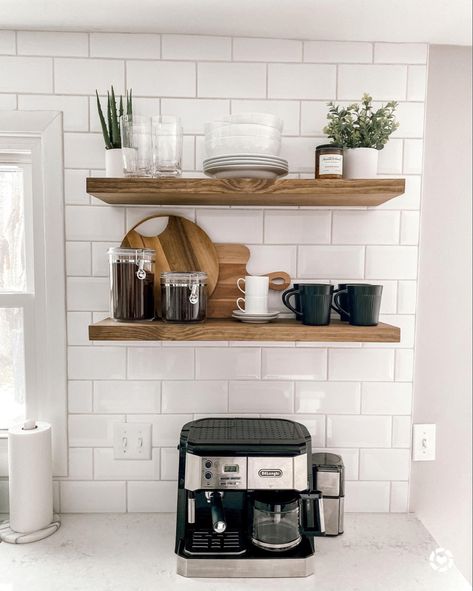 Coffee Bar Floating Shelves, Bar Floating Shelves, Bar With Floating Shelves, Kitchen Open Shelving Ideas, Open Shelving Kitchen, Shelving Kitchen, Kitchen Floating Shelves, Floating Shelves Kitchen, Bar Shelves