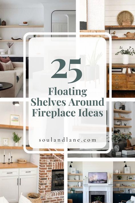 Elevate the elegance of your fireplace area with strategically placed floating shelves, creating a harmonious blend of form and function. These shelves offer a perfect solution for showcasing your treasured collections, art pieces, or even seasonal decorations, adding personal touches to the warmth of the fireplace. Discover how to select the right size, style, and finish of floating shelves to enhance your living space's aesthetic, from traditional to contemporary. Family Room Open Shelving Ideas, Storage Next To Fireplace Ideas, Cabinets And Shelves Next To Fireplace, Decorating Shelves Next To Fireplace, Fireplace Tv Wall Floating Shelves, Shelving Ideas For Living Room Fireplace, Bookcase On Either Side Of Fireplace, What To Put On The Sides Of A Fireplace, Floating Shelves Flanking Fireplace