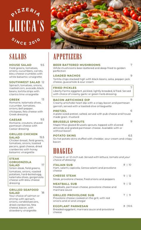 Classy Pizza Menu Classic Pizza Toppings, Italian Menu Ideas, Pizzeria Menu Ideas, Pizza Party Menu, Battered Mushrooms, Pizza Restaurant Menu Design, Pizza Menu Design, White Balsamic Vinaigrette, Menu Maker