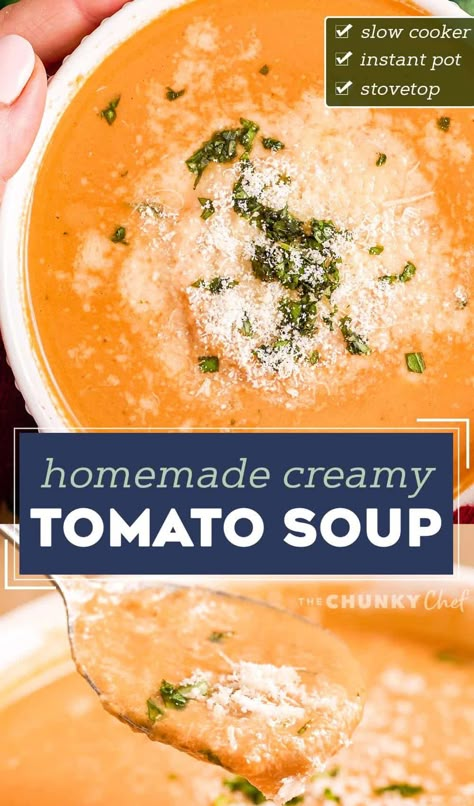 Homemade Creamy Tomato Soup, Crockpot Tomato Soup, Slow Cooker Tomato Soup, Tomato Bisque Soup, Basil Soup Recipe, Tomato Basil Soup Recipe, The Chunky Chef, Creamy Tomato Basil Soup, Cream Of Tomato Soup