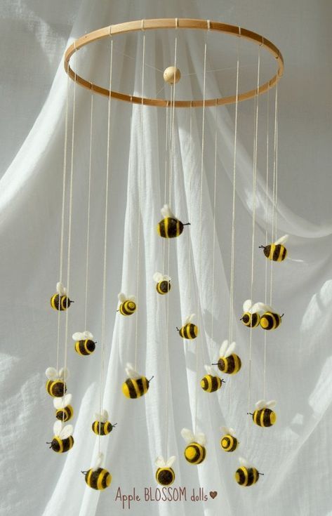 paper crafts crafts with wool Bumble bee mobile Waldorf inspired. Bumble Bee Nursery Bee Crafts Co Bumble Bee Mobile, Bumble Bee Nursery, Bee Mobile, Bee Nursery, Baby Room Inspiration, Nursery Room Inspiration, Bee Baby Shower, Bee Crafts, Nursery Baby Room