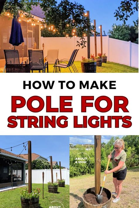 Diy Planter Poles For Lights, Patio Light Pole Planter, Light Pole Planter Diy, Patio Light Planter Ideas, Post For Lights On Patio, Light Post In Planter, Diy Planter With Pole For Lights, Backyard String Light Pole Ideas, Flower Pot With Pole For Lights