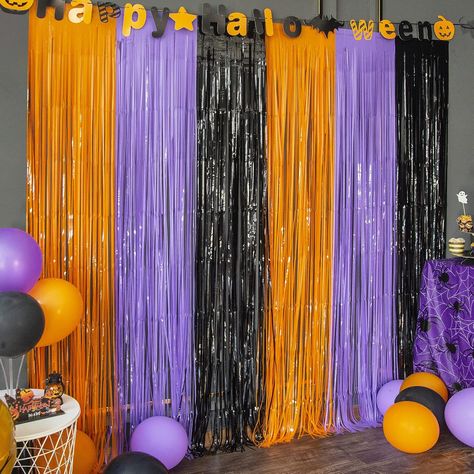 Halloween Foil Fringe Curtains Halloween Party Photo Backdrop, Halloween Curtains, Halloween Party Photo, Fringe Curtains, Streamer Backdrop, Foil Curtain, Purple Foil, Party Photo Backdrop, Curtain Backdrops