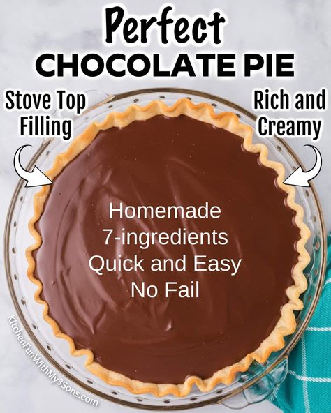 This Chocolate Pie Recipe is a rich and chocolatey dessert topped with fresh whipped cream and chocolate shavings. This delicious chocolate cream pie is quick and easy with a stove top filling. Easy Chocolate Pie Recipe, Homemade Chocolate Pie, Chocolate Pie Filling, Easy Chocolate Pie, Chocolate Pie Recipe, Chocolate Cream Pie Recipe, Fresh Whipped Cream, Chocolate Pie Recipes, Easy Pie Recipes