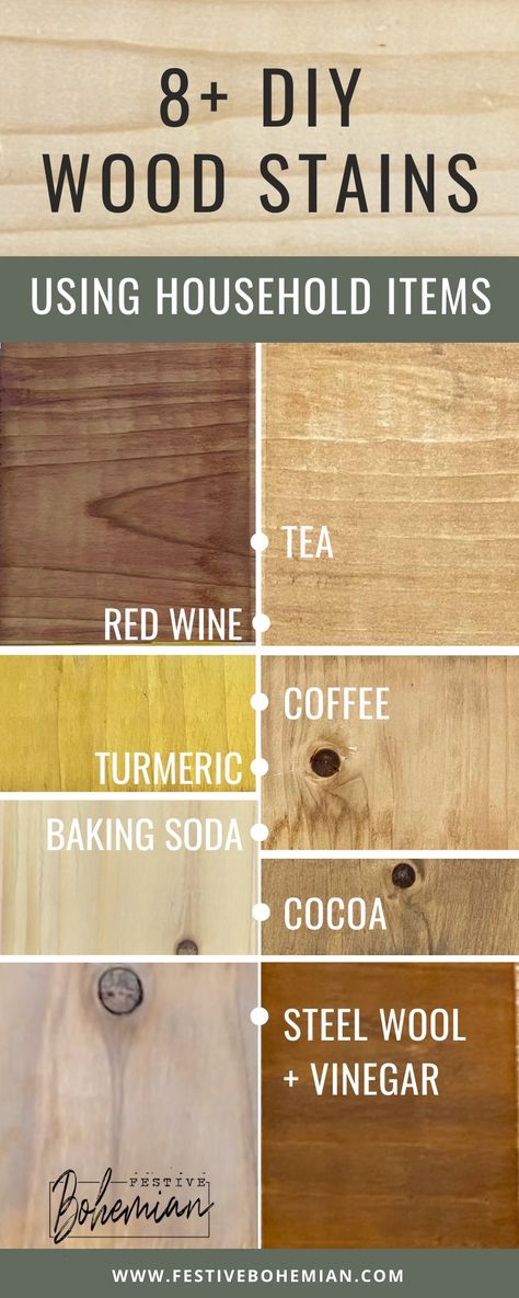 Learn how to naturally stain your wood using common household items such as red wine, tea, coffee, turmeric, baking soda, cocoa, steel wool + vinegar, and more! The possibilities with natural stains are endless! Diy Stains For Wood, Diy Wood Stain Colors, Staining Wood With Tea, Diy Natural Wood Stain, Diy Natural Dyes For Wood, Diy Wood Stain How To Make, How To Stain Wood Naturally, Tea Staining Wood, Vinegar And Steel Wool Stain