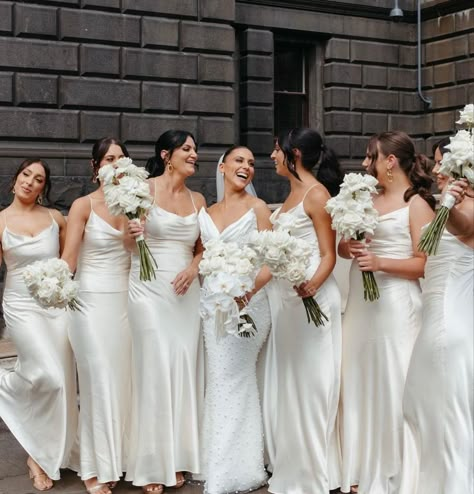 Elegant Bridesmaid Dresses White, White Themed Wedding Bridesmaid Dresses, Bridesmaid Dresses All White, All White Wedding Bridesmaid Dress, White Silk Bridesmaid Dresses, White Satin Bridesmaid Dresses, All White Bridal Party Bridesmaids, Off White Bridesmaid Dresses Ivory, White Bridesmaids Dress