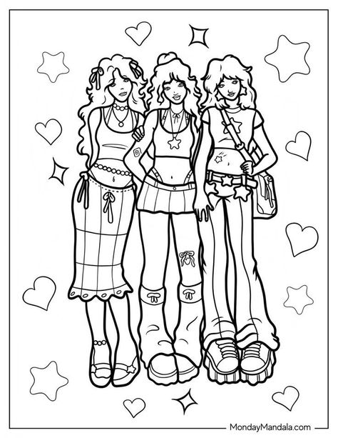 Y2k Girl Coloring Page, Coloring Pages Outfit, Earthy Coloring Pages, Ruby Gloom Coloring Pages, Free Cute Coloring Pages Printables, Things To Color In Free Printable, Y2k Colouring Pages, Pixel Art Coloring Pages, Cute People Coloring Pages