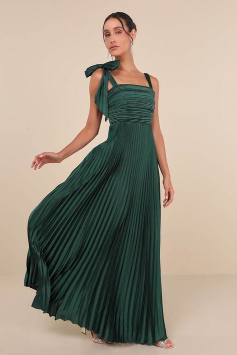 Emerald Satin Dress - Pleated Maxi Dress - Bow Bridesmaid Dress - Lulus 20s Bridesmaid Dress, Christmas Bridesmaid Dresses Green, Shoes To Wear With Maxi Dress In Fall, Sage Green Wedding Guest Outfit, Green Dress Bridesmaid Dress, Strapless Pleated Dress, Wedding Formal Attire Guest, August Bridesmaid Dresses, Bridesmaid Sleeves