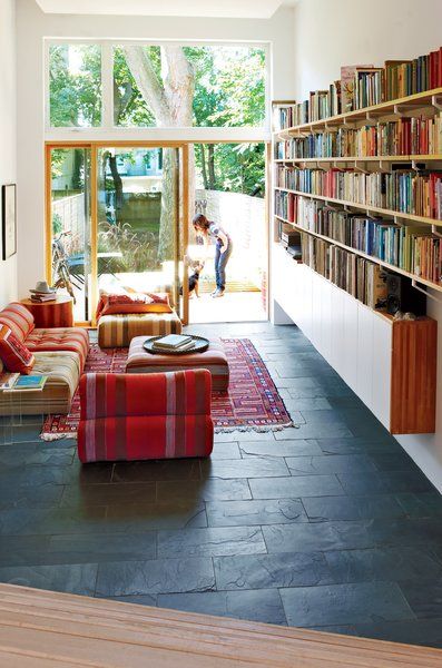 Black Slate Tiles, Slate Tile Floor, Tiny Apartments, Slate Flooring, Slate Tile, Home Libraries, Butcher Block Countertops, Natural Home Decor, Home Library