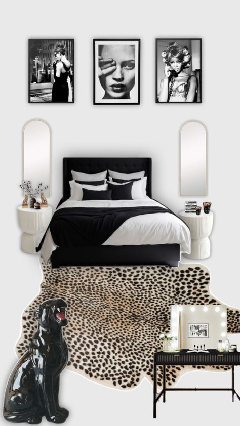 Modern black and white room with hints of gold Black White Brown Gold Bedroom, Gold Accent Room Aesthetic, Gold And Black Bedroom Decor Ideas, Black Chic Room Decor, Black And White Vanity Room, Room Aesthetic Ideas Vintage, Black And White Wall Bedroom, Aesthetic Bedroom Black And White, Dark Preppy Room