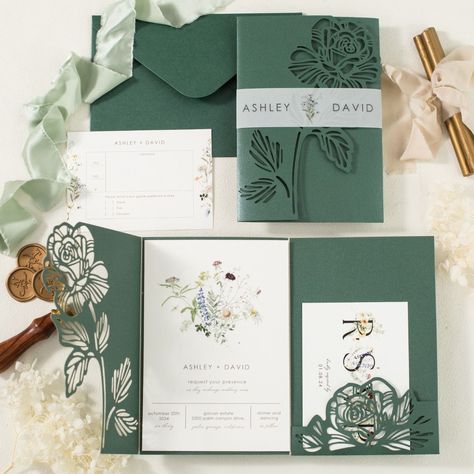 Card TypeDimensionCardstockPrinting MethodLaser Cut Wrap5.00 x 7.28 in (w x h)No.184 Emerald Green/Outer envelope5.24 x 7.48 in(w x h)No.010 Ivory Shimmer/Printed invitation4.72 x 7.09 in (w x h)No.339 WhiteDigital PrintingBelly Band13.39 x 1.38 in (w x h)No.358 White Matte Vellum Paper 180gsm/66lbDigital PrintingEnvelope for RSVP Card5.12 x 3.82 in (w x h)No.010 Ivory Shimmer/RSVP Card3.50 x 5.00 in (w x h)No.339 WhiteDouble-side Digital printing Cricut Wedding Invitations Rustic, Wedding Invitations Olive Leaves, Wedding Invite Cricut, Tuscan Inspired Wedding Invitations, Floral Embossed Wedding Invitations, Cricut Wedding Invite, Wedding Invites With Vellum, Sage Green And Wildflower Wedding, Wedding Invitations Garden Theme