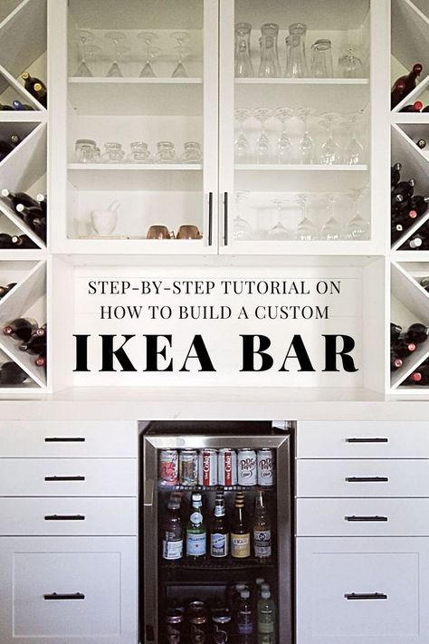 Step-By-Step Tutorial On How To Build A Custom Ikea Bar Ikea Kitchen Planner, Ikea Bar, Ikea Built In, Home Bar Cabinet, Home Bar Rooms, Basement Bar Designs, Diy Home Bar, Kitchen Planner, Built In Bar