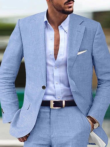 Men's Linen Suits Summer Beach Wedding Suits 2 Piece Solid Colored Tailored Fit Single Breasted Two-buttons 2024 2024 - $93.99 Summer Groom, 2023 Beige, Linen Suits For Men, Beach Wedding Groom, Beach Wedding Suits, Prom For Guys, Groom Suits, Light Blue Suit, Prom Suits For Men