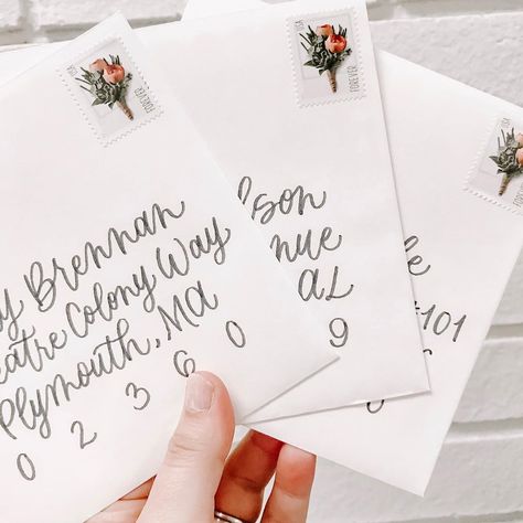 Monday morning views 💌✨ Modern calligraphy and square envelopes + the most perfect stamps! Wedding Calligraphy Invitations, Guest List Wedding, Hand Lettering Envelopes, Calligraphy Gift Tags, Calligraphy Projects, Calligraphy Envelope Addressing, Envelope Calligraphy, Digital Calligraphy, Envelope Addressing