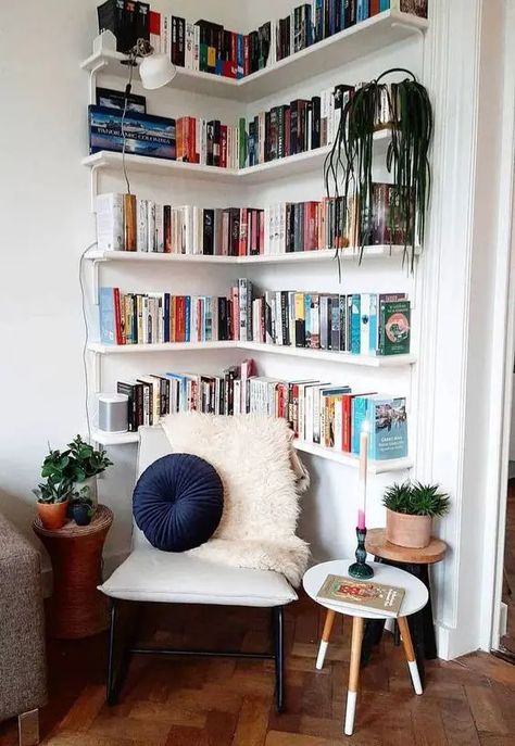 64 Space-Saving Corner Shelves Ideas - DigsDigs Narrow Wall Book Storage, Corner Book Cases, Bookcase Corner Ideas, Functional Corner Space, Bookshelf Space Saver, Diy Hanging Corner Shelves, How To Make A Corner Bookshelf, Square Corner Shelves, Living Room Corner Bookshelves