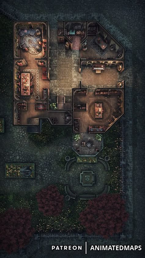 #animatedmaps #animateddungeonmaps #dnd #fantasy #dungeonsanddragons #animated #battlemap #map #rpg  #manor #villa #dining #night #house #interior #rich #garden #mansion #noble #home Garden Mansion, Animated Battlemap, House 1 Floor, Rich Garden, Map Rpg, Night House, Pathfinder Maps, Fantasy City Map, Dnd World Map