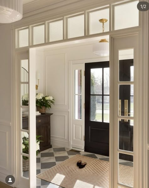 Two Door Entryway, Entryway French Doors, Cute House Entrance, French Country Front Door Entrance, House Vestibule Entrance, Country House Entrance Hall, Interior French Doors With Transom, Extended Front Door Entrance, Small Laude House