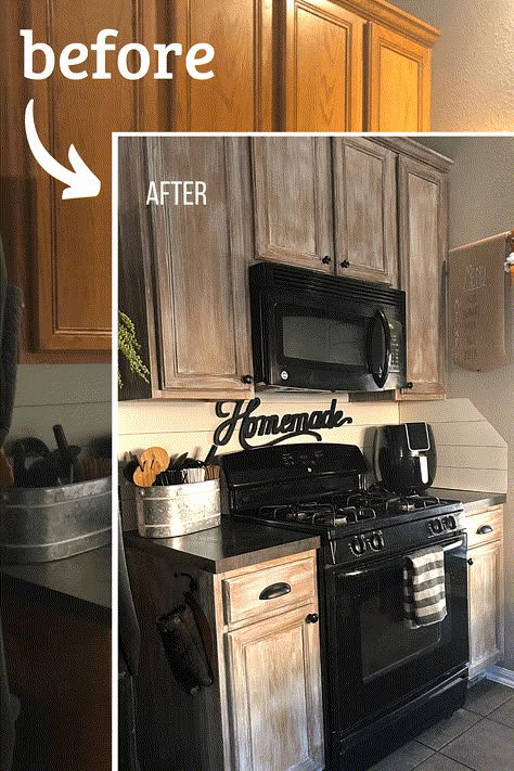 Distressed Kitchen Cabinets, Kitchen Cabinets Before And After, Redo Kitchen, Redo Kitchen Cabinets, Distressed Kitchen, Honey Oak Cabinets, Cabin Remodel, Update Cabinets, Diy Organizer