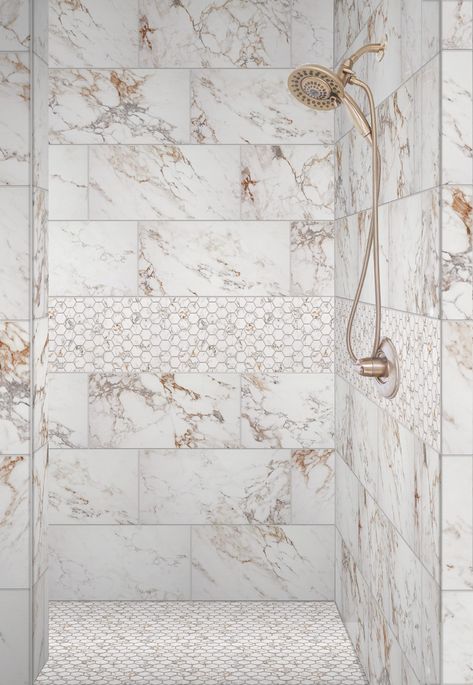 Calacutta Bianco Porcelain Tile Bathroom, Tile Ideas For Bathroom Walls, Marble Vs Porcelain Tile, Large Porcelain Tile Shower Walls, Carrera Tile Bathroom, Calcutta Tile Bathroom, Large Marble Tile Shower Walls, Marble Shower Tile Ideas, Marble Look Tile Bathroom