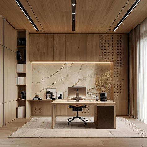 Japandi Home Office in Amsterdam Japanese Office Design, Boss Office Interior Design, Japandi Office Design, Private Office Design, Japandi Style Home, Japandi Home Office, Office Cabin Design, Neutral Interior Design, Narrow House Designs