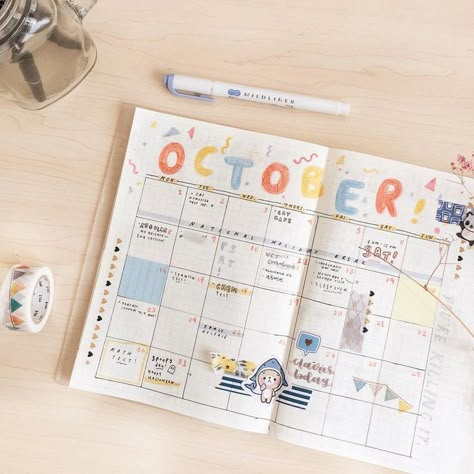 October calendar idea Bullet Journal Month, Bullet Journal Notes, Bullet Journal Aesthetic, Bullet Journal Notebook, Bullet Journal School, Bujo Ideas, Bullet Journal Themes, Diary Ideas, Journal Spreads