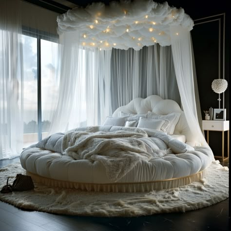 Dreamy Slumbers: Beds Designed to Float Amongst the Clouds Room With Round Bed, Luxury Circle Bed, Circle Beds Aesthetic, Curcular Bed, Dreamy Room Ideas Aesthetic, King Floor Bed Ideas, Circle Shaped Bed, Circular Bed Frame, Bedroom Ideas Circle Bed