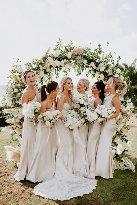 Ivory Wedding Dress With Bridesmaids, Soft Champagne Bridesmaid Dresses, White Themed Wedding Bridesmaid Dresses, Wedding Party White Dresses, Bridesmaid In White Dresses, White And Greenery Wedding Bridesmaids, Silk White Bridesmaid Dresses, Elegant Neutrals Wedding, White Champagne Wedding Color Schemes