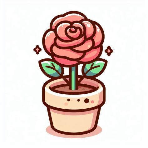 To bring this potted rose to life, start with a swirl at the center and add layers of rounded petals around it to create a lush bloom. Sketch a pair of leaves sprouting from a stem that sits in a terracotta pot, illustrated with simple geometric shapes. Add soil details and little stars around the rose to capture its delightful growth within its cozy, earthen home. Rose Doodle Drawing, Kawaii Garden Drawing, Flower Pot Illustration, Rose Illustration Simple, Rose Cartoon, Flower Cute, Pot Illustration, Pot Drawing, Rose Sticker