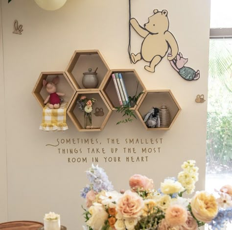 Winnie The Pooh Nursery Twins, Nursery Room Winnie The Pooh, Nursery Inspo Winnie The Pooh, Yellow Winnie The Pooh Nursery, Winnie The Pooh Dresser, Pooh Bear Mural, Winnie The Pooh Bookshelf, Neutral Pooh Bear Nursery, Winnie Pooh Nursery Ideas