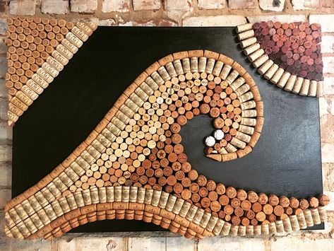 Wine Cork Artwork (Abstract Wave) on Canvas — Custom made by Robin Coggins (Hook Wine & Sinker Co.) Cork Artwork, Cork Board Art, Cork Walls, Wine Cork Wall Decor, Toy Collection Room, Beer Bottle Cap Art, Hifi Room, Wine Cork Board, Beer Cap Art