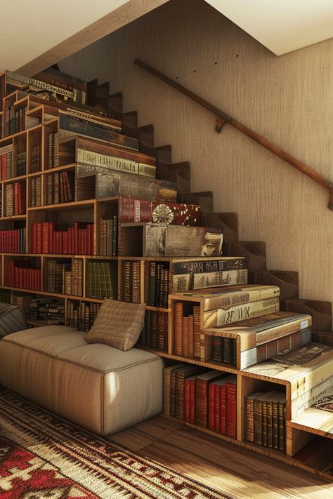 Stairs With Bookshelves, Bookshelf Staircase, Book Staircase, Stair Bookshelf, Staircase Bookshelf, Stilt House Plans, Bookshelf Designs, Stilt House, Cozy Home Library