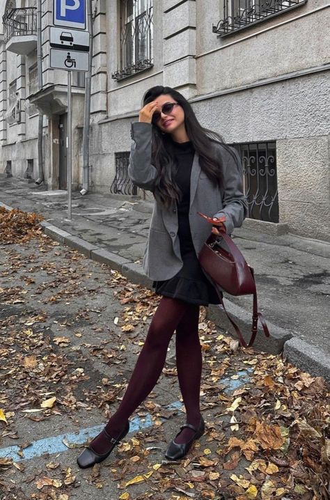 Maroon Tights Outfit Winter, Black Dress Burgundy Tights, Burgundy Wool Coat, Burgundy Thighs Outfit, Maroon Boots Outfit Winter, Wine Boots Outfit, Burgundy Stockings Outfits, Burgundy Tights Outfit Winter, Burgundy Purse Outfit