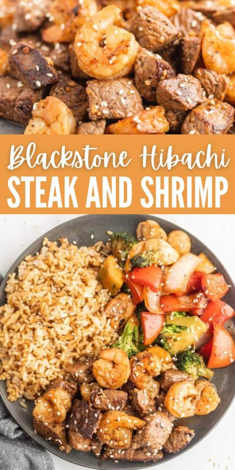 Blackstone Hibachi Steak and Shrimp Recipe - grillonadime.com Blackstone Griddle Recipes Hibachi, Sukiyaki Steak Recipe, Hibachi Filet Mignon Recipe, Hibachi On The Blackstone, Japanese Hibachi Recipes, Easy Hibachi Recipes, Blackstone Hibachi Chicken, Hibachi Steak And Shrimp Recipe, Blackstone Hibachi