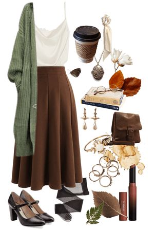 Midi Skirt Travel Outfit, A Line Midi Skirt Winter, Fall Outfit Dark Academia, Brown Midi Skirt Outfit Aesthetic, Brown Skirt Styling, Italy Outfits Skirt, Dark Academia Midi Skirt Outfit, Brown A Line Skirt Outfits, Brown Wool Skirt Outfit