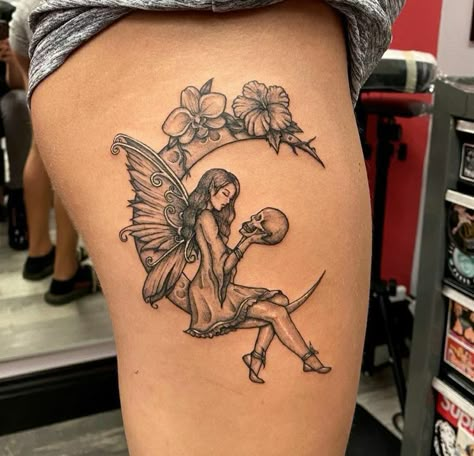 Dark Feminine Tattoos Beautiful, No Detail Tattoos, Big Fairy Tattoo, Unique Fairy Tattoo, Fairy And Moon Tattoo, Fairy Tattoo Ideas For Women, Fairy Moon Tattoo, Skeleton Fairy Tattoo, Naked Fairy Tattoo