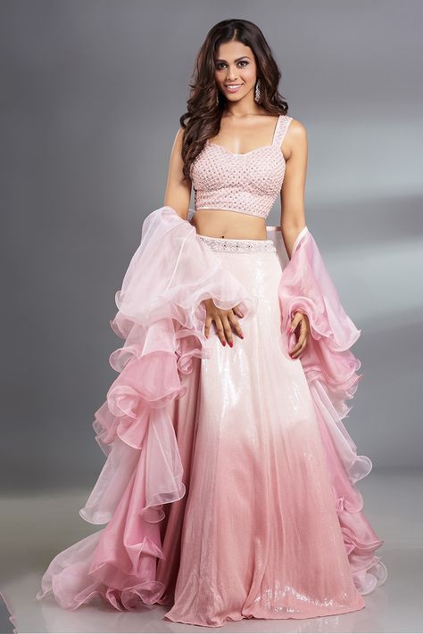 POWDER PINK LEHENGA SET WITH A HANDWORK BLOUSE, PAANI SEQUIN OMBRÉ SKIRT AND OMBRÉ RUFFLED DUPATTA. - Seasons India Summer Lehenga, Trending Lehenga Designs, Ombre Lehenga, Lengha Dress, Pink And White Ombre, Ruffle Lehenga, Fashion Course, Ruffle Dupatta, Fashion Sketchbook Inspiration