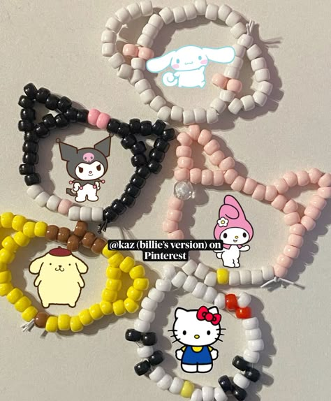 Hello Kitty Pony Bead Bracelet, Bracelet Ideas Sanrio, Cinnamon Roll Bracelet, Bracelets Pony Beads Ideas, Kuromi Kandi Bracelet, How To Make A Hello Kitty Bracelet, Hello Kitty Kandi Tutorial, Hello Kitty Seed Bead Ring, Hello Kitty Kandi Bracelet Tutorial