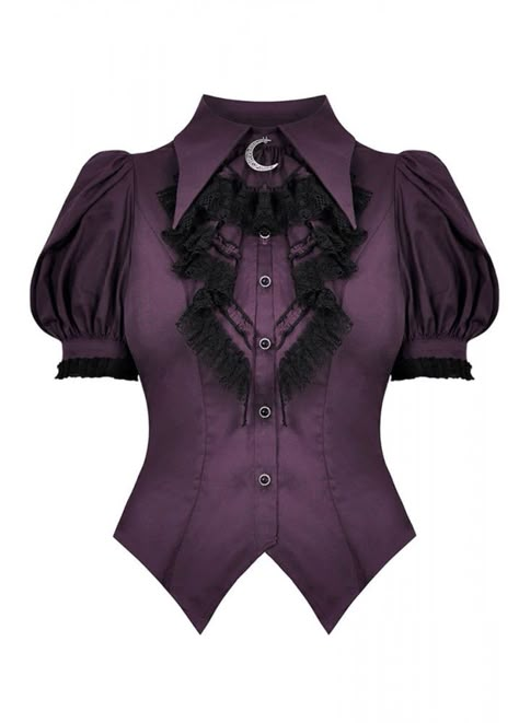 Mode Rockabilly, Frilly Collar, Gothic Blouse, Dark In Love, Attitude Clothing, Purple Blouse, Fitted Blouses, Purple Shirt, Maxi Robes