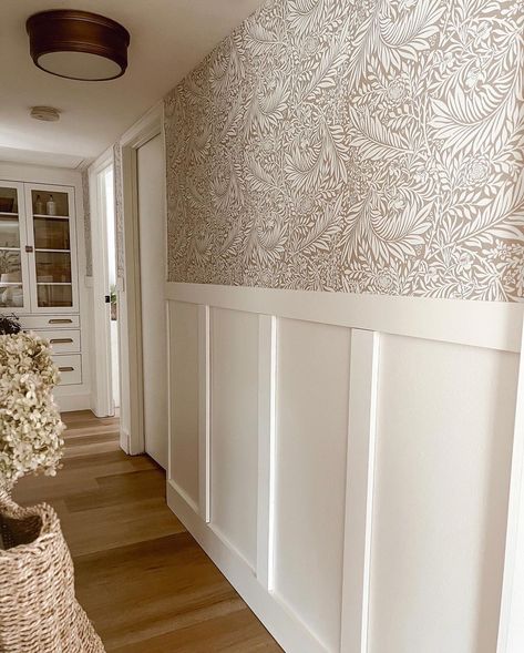 Love vs. Design | Your hallway is calling – it’s looking for some love! ⠀⠀⠀⠀⠀⠀⠀⠀⠀ Treat your transitional spaces to some wallpaper. @designsbyashleyknie used... | Instagram White Paneling Hallway, Half Wall Panelling And Wallpaper, Lincrusta Wallpaper Hallway, Hallway Wall Decor Wallpaper, Entrance Hall Ideas Wallpaper, Hallway Wainscotting Ideas Modern, Entrance Way Wallpaper, Panelling Small Hallway, Wallpaper Over Board And Batten