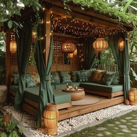 Patio With Hammock Ideas, Gazebo Ceiling Ideas, Gazebo Flooring Ideas, Patio Roof Extension Ideas, Patio Border, Border Landscaping, Patio Covering, Curtains Patio, Patio Aesthetic