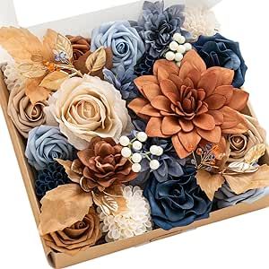 Beautiful Artificial flowers for trendy 2024 wedding. Dusty Blue And Burnt Orange, Dusty Blue And Rusty Orange Wedding, Dusty Blue And Terracotta Wedding Centerpieces, Terracotta And Blue Bouquet, Navy Blue And Terracotta Wedding Flowers, Terracotta And Dusty Blue Wedding, Blue And Orange Fall Decor, Orange Fall Decor, Diy Flower Boxes