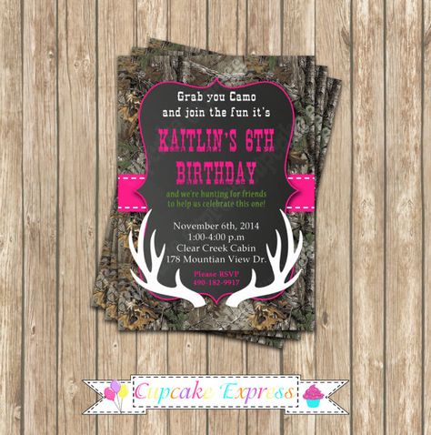 Camo Girl Hunting 3 Birthday Party  PRINTABLE by CupcakeExpress realtree camouflage  deer Hunting Baby Shower Ideas, Camo Baby Shower Ideas, Camo Party Ideas, Hunter Baby Shower, Deer Birthday Invitations, Deer Hunting Birthday, Camo Birthday Party, Hunting Birthday Party, Chalkboard Party