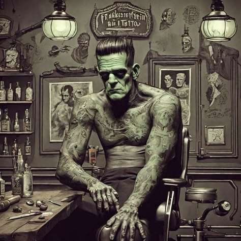 Speakeasy Office, Divant Art, Frankenstein Tattoo, Book Friends, Frankenstein Art, Frankenstein Monster, Halloween Backdrop, Retro Horror, Frankenstein's Monster