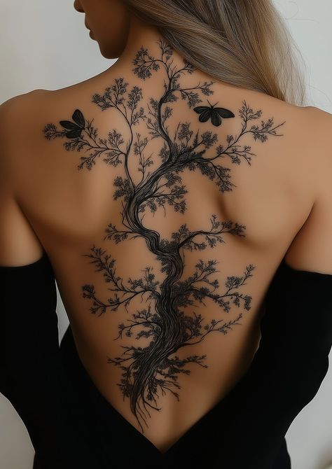 Explore Unique Tattoo Designs and Care Guides at Skin Canvas Designs | Skin Canvas Designs Beautiful Tree Tattoos For Women, Selves Tattoo Women, Tree Of Life Full Back Tattoo, Back Tattoo Women Tree Of Life, Back Tattoo Women Greek Mythology, Cherry Tree Tattoo Back, Back Of Neck Tree Tattoo, Vines Tattoo Back, Full Back Tree Tattoo Women