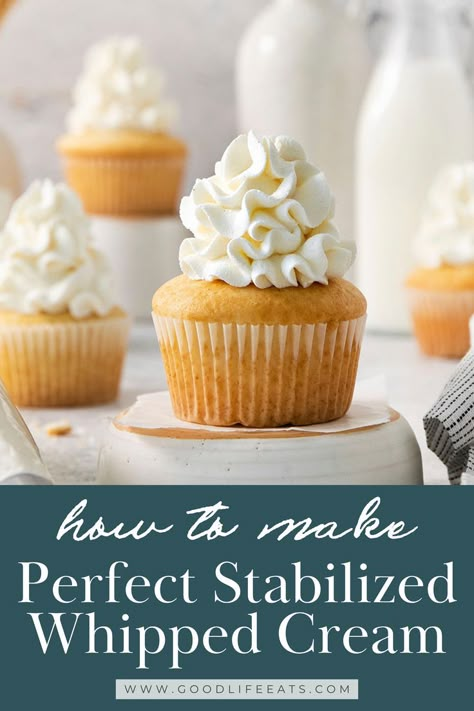 Stabilized Whipped Cream holds its shape for longer than traditional whipped cream and is perfect for decorating cakes and pies for special occasions. Learn how to stabilize whipped cream with gelatin, plus 4 other easy methods! Stabilized whipped cream is just whipped cream with an extra ingredient added to help the cream hold its shape and stay light and fluffy for longer periods of time. Make your own Stabalized Whip Cream! | @goodlifeeats Whipped Cream With Gelatin, Whipped Cream Frosting Cake, Stabilize Whipped Cream, Whipped Icing Recipes, Icing Recipe For Cake, Stabilized Whipped Cream Frosting, Whipped Cream Frosting Recipe, Perfect Whipped Cream, Whipped Cream Icing