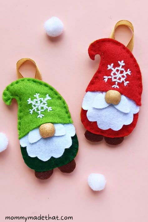 DIY Gnome Ornaments (Grab the Free Pattern!) Diy Xmas Ornaments Tree Decorations, Hand Sewn Christmas Ornaments, Easy Felt Christmas Ornaments, Diy Santa Ornaments, Diy Felt Garland, Felt Gnome, Diy Felt Christmas, Felt Ornaments Diy, Diy Felt Christmas Ornaments